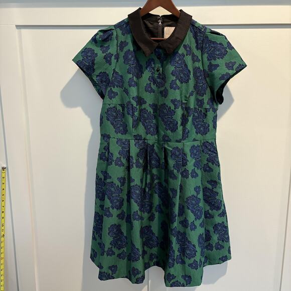ModCloth Dress Womens 2X Green Blue Floral Jacquard Peter Pan Collar Lined - Picture 1 of 13
